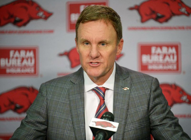 NWA Democrat-Gazette/ANDY SHUPE
Arkansas coach Chad Morris speaks Wednesday, Dec. 20, 2017, during a press conference in the Fred Smith Football Center on the university campus in Fayetteville.