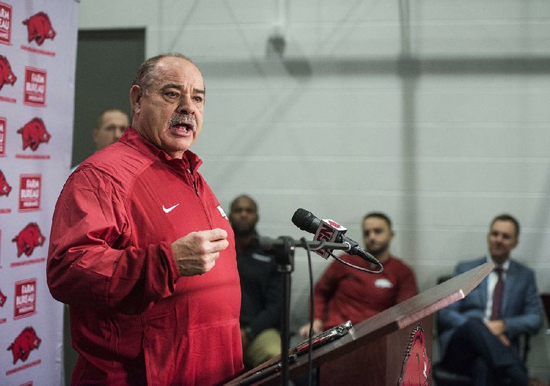 NWA Democrat-Gazette/BEN GOFF @NWABENGOFF
John Chavis, Arkansas defensive coordinator, speaks Wednesday, Jan. 10, 2018, during a press conference to introduce new assistant coaches at the Fred W. Smith Football Center in Fayetteville. 