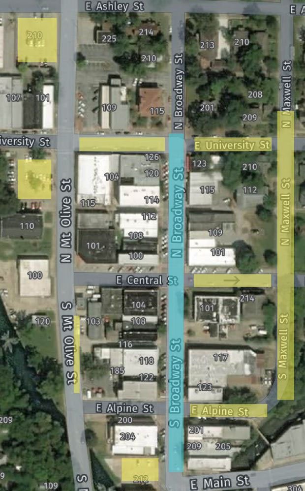 Courtesy photo The city will continue to update maps on its website and social media showing where parking is available during construction downtown. This map shows Phase 1 of the project's construction in the area shaded blue along Broadway Street. Areas shaded yellow are where parking remains available during Phase 1.