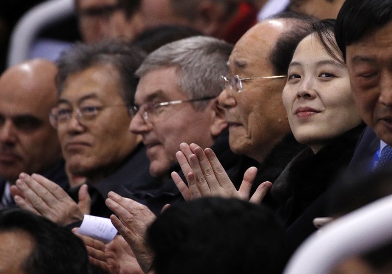 Kim Yo Jong, sister of North Korean leader Kim Jong Un, second from right, Kim Yong Nam, the 90-year-old president of the Presidium of the North's Parliament, IOC president Thomas Bach and South Korean President Moon Jae-in watch during the second period of the preliminary round of the women's hockey game at the 2018 Winter Olympics in Gangneung, South Korea, Saturday, Feb. 10, 2018. (AP Photo/Jae C. Hong)