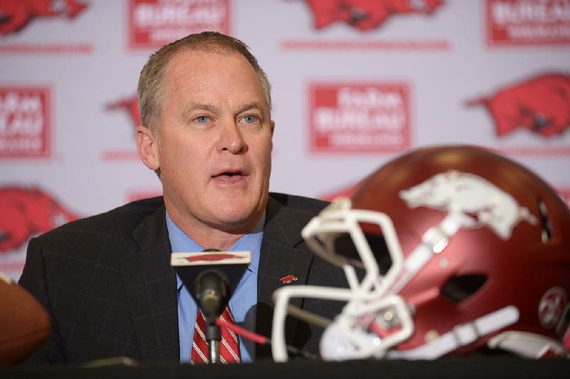 NWA Democrat-Gazette/ANDY SHUPE
Hunter Yurachek, athletics director at the University of Arkansas, speaks Thursday, Dec. 7, 2017, during a press conference to introduce Chad Morris as the university's newly hired football coach at the Fowler Family Baseball and Track Indoor Training Center in Fayetteville.