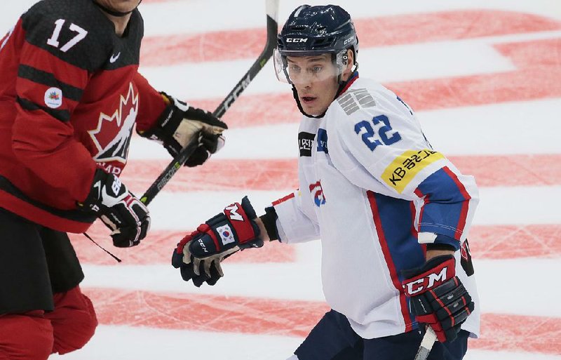 Korea’s Michael Testwuide is among seven North American-born players playing on the Korean hockey team.