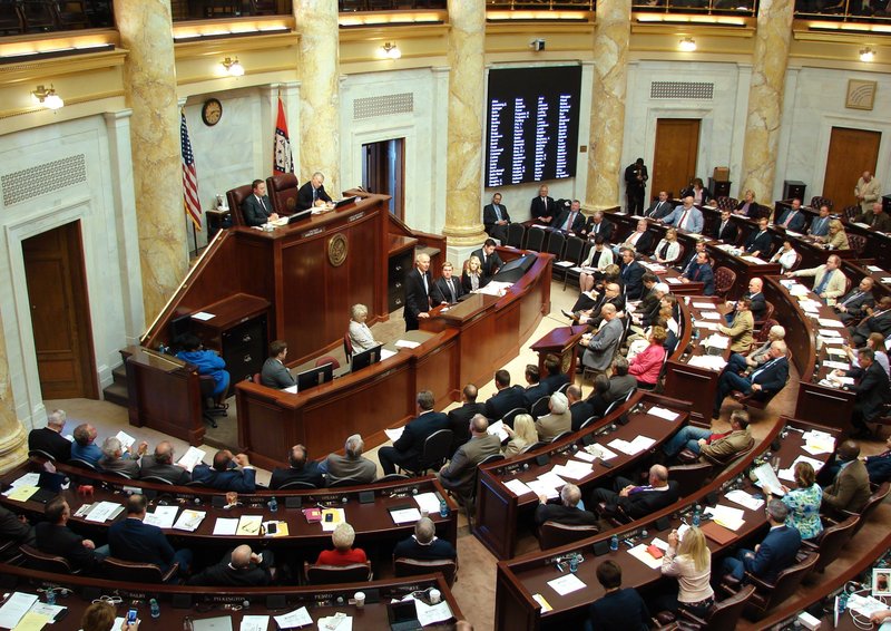 In May 2017 file photo, Gov. Asa Hutchinson speaks to the Arkansas Legislature in Little Rock. Lawmakers will return to the Capitol on Monday to set the state's funding plan for a fiscal year starting in July. (AP Photo/Kelly P. Kissel, File)