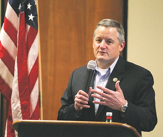 The Sentinel-Record/Richard Rasmussen COFFEE TALK: U.S. Rep. Bruce Westerman, R-District 4, of Hot Springs, speaks at a Coffee With Your Congressman event Monday at The Greater Hot Springs Chamber of Commerce.