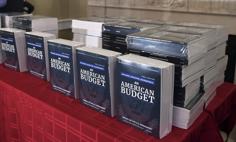 The Associated Press BUDGET DISPLAY: The President's FY19 Budget is on display after arriving on Capitol Hill, Monday in Washington.