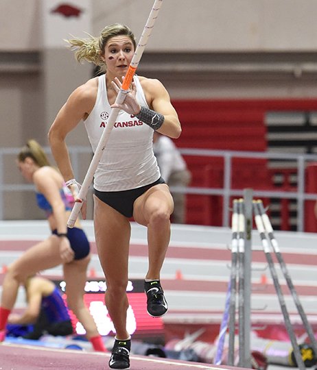 Special to The Sentinel-Record/Craven Whitlow CLEAR PATH: Razorback junior pole vaulter and 2016 Olympian Lexi Jacobus, from Cabot, clears 4.51m to take second place at the Tyson Invitational Track Meet Saturday afternoon at the Randal Tyson Complex in Fayetteville.