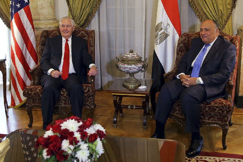 U.S. Secretary of State Rex Tillerson (left) meets Egyptian Foreign Minister Sameh Shoukry on Monday in Cairo.
