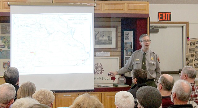 Staff photograph by Keith Bryant Troy Banzhaf, National Park Service Chief of Interpretation and Visitor Services at the Pea Ridge National Military Park, discussed the military action in Missouri that would ultimately lead to the battle at Pea Ridge at a program at the Bella Vista Historical Museum recently.