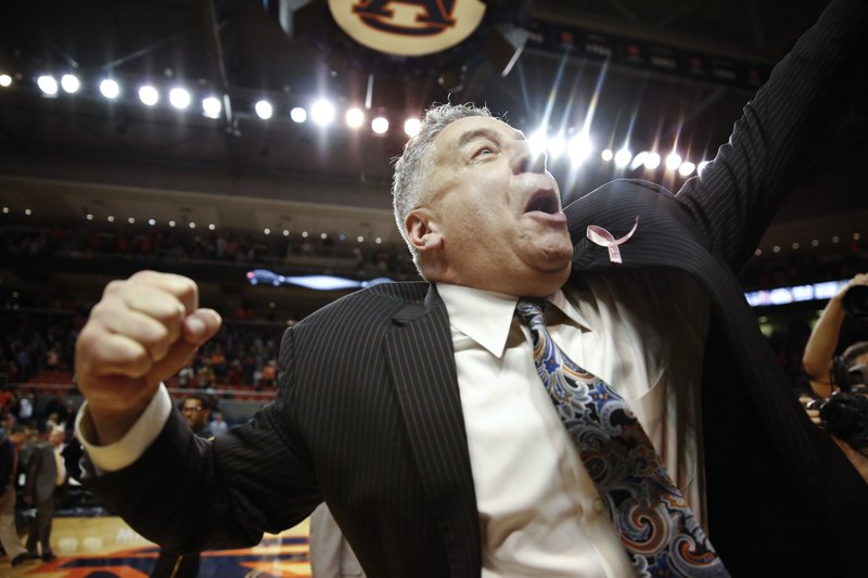 Auburn coach Bruce Pearl cheers after an NCAA college basketball game against Vanderbilt, Saturday, Feb. 3, 2018, in Auburn, Ala. (AP Photo/Brynn Anderson)