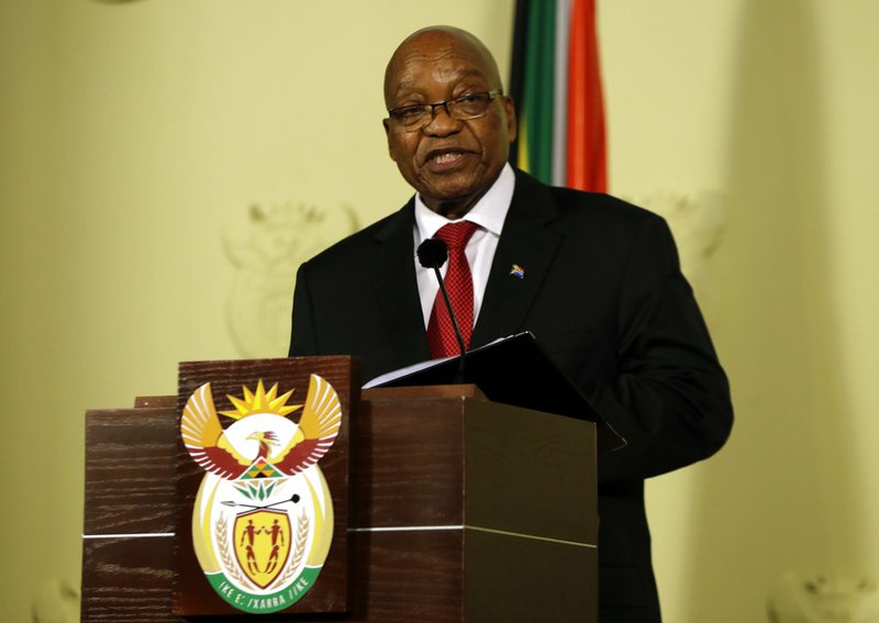 South African President Jacob Zuma addresses the nation and press at the government's Union Buildings in Pretoria, South Africa, Wednesday, Feb. 14, 2018. South Africa's President Jacob Zuma says he will resign 'with immediate effect.' 