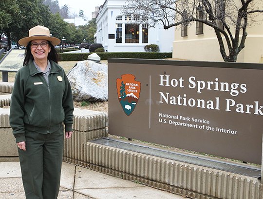 The Sentinel-Record/Richard Rasmussen STEPPING DOWN: Hot Springs National Park Superintendent Josie Fernandez, at the south end of Bathhouse Row on Wednesday, has announced her intent to retire from the National Park Service at the end of March after 14 years with Hot Springs National Park.