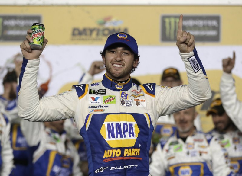 Chase Elliott celebrates in Victory Lane after winning the second of two qualifying races for the NASCAR Daytona 500 auto race at Daytona International Speedway in Daytona Beach, Fla., Thursday, Feb. 15, 2018. (AP Photo/Chuck Burton)