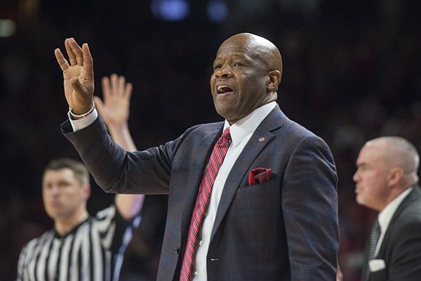 Arkansas coach Mike Anderson motions from the sideline during a game against Texas A&M on Saturday, Feb. 17, 2018, in Fayetteville. 