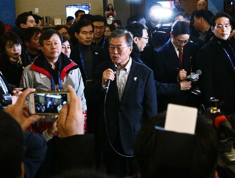 South Korean President Moon Jae-in speaks Saturday during a visit to the media center for the Winter Olympics in Pyeongchang.