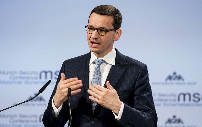 Poland’s Prime Minister Mateusz Morawiecki speaks at the Munich Security Conference on Saturday.