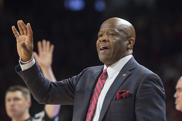 Mike Anderson, Arkansas head coach, makes a call in the second half against Texas A&M Saturday, Feb. 17, 2018, during the game at Bud Walton Arena in Fayetteville.