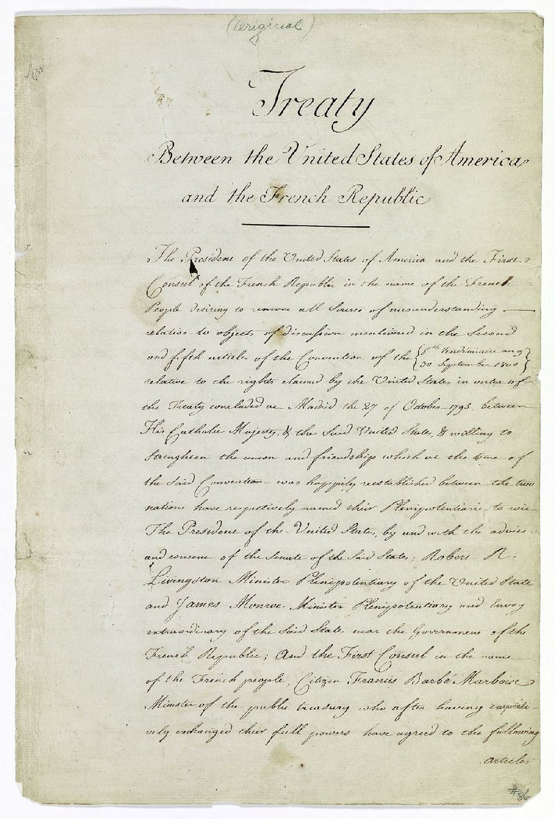 The first page of the treaty between France and the United States is being displayed in “The Great Exhibition: Exploring the Louisiana Purchase and Its Impact on Arkansas.”