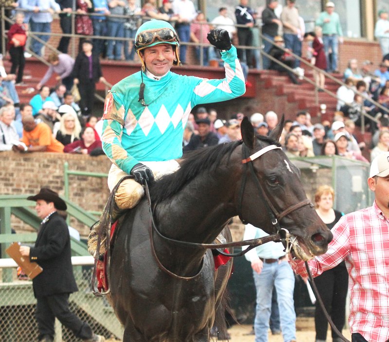 The Sentinel-Record/Richard Rasmussen SOUTHWEST WINNER: Jockey Kent Desormeaux celebrates aboard My Boy Jack Monday at Oaklawn Park after winning the Grade 3 $500,000 Grade Southwest Stakes.