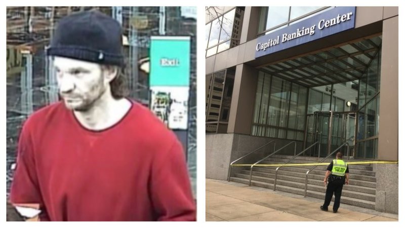 At left, the man authorities say is a suspect in a downtown bank robbery is shown in this photo tweeted by the Little Rock Police Department. The photo at right shows police investigating the scene on Tuesday, Feb. 20, 2018.