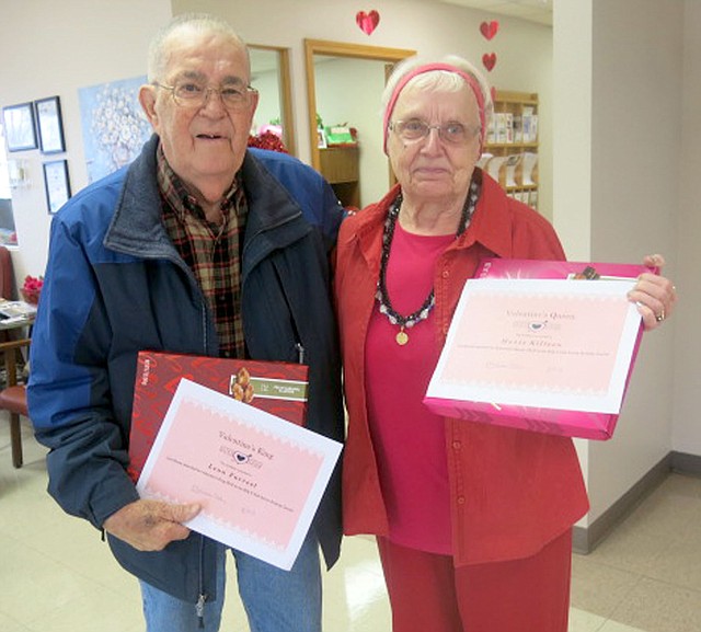 Westside Eagle Observer/SUSAN HOLLAND Leon Forrest and Mavis Killeen were chosen Valentine King and Valentine Queen at the Billy V. Hall Senior Activity Center Valentine party. Winners were chosen by voters' donations, a penny a vote. Leon received 1,750 votes and Mavis received 1,500 votes. Each received a certificate and a box of chocolates.