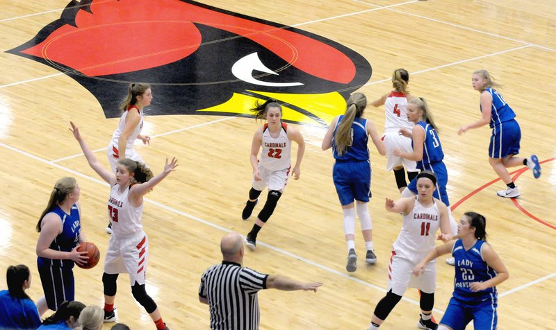 MARK HUMPHREY ENTERPRISE-LEADER Farmington's starting line-up: Joelle Tidwell (defending in-bounder), Alexis Roach, Makenna Vanzant, Madsyn Pense and Camryn Journagan endeavor to wreak havoc with sticky man-to-man defense against Greenbrier on an in-bounds play. The Lady Cardinals qualified for state with a resounding 76-42 first-round victory over Greenbrier Monday during the 5A West Conference tournament. The Farmington girls play Vilonia at 4 p.m. Thursday in the semifinals at Cardinal Arena.