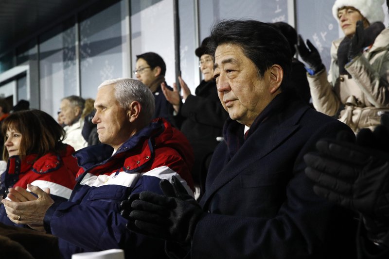 FILE - In this Feb. 9, 2018, file photo, Japanese Prime Minister Shinzo Abe, right, sits alongside Vice President Mike Pence, center, and second lady Karen Pence at the opening ceremony of the 2018 Winter Olympics in Pyeongchang, South Korea, Friday, Feb. 9, 2018. Pence was all set to hold a history-making meeting with North Korean officials during the Winter Olympics in South Korea, but Kim Jong Un's government canceled at the last minute, the Trump administration said Tuesday, Feb. 20. (AP Photo/Patrick Semansky, Pool)