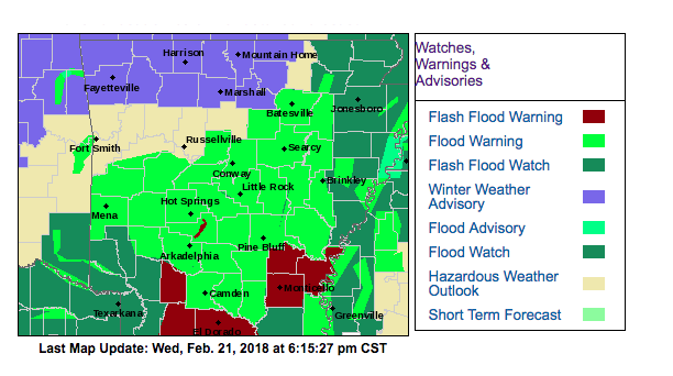 This National Weather Service graphic shows areas under various watches, warnings and advisories as of 6:15 p.m.