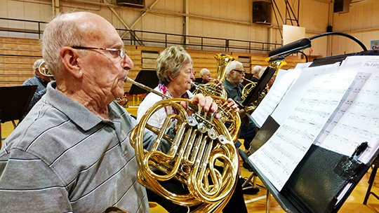 Submitted photo BLAST: Hot Springs Concert Band, including, from left, French horn players Howard Baldwin, Marian Giddens and Alan Goldman, will present its annual Band Blast! at 3 p.m. March 4 in the Jessieville Performing Arts Center. The concert band will be joined by its affiliate, New Horizons Band.