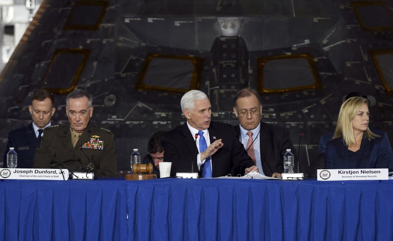 Vice President Mike Pence chairs a meeting of the National Space Council Wednesday, Feb. 21, 2018 at Kennedy Space Center in Cape Canaveral, Fla. (Craig Bailey/Florida Today via AP)