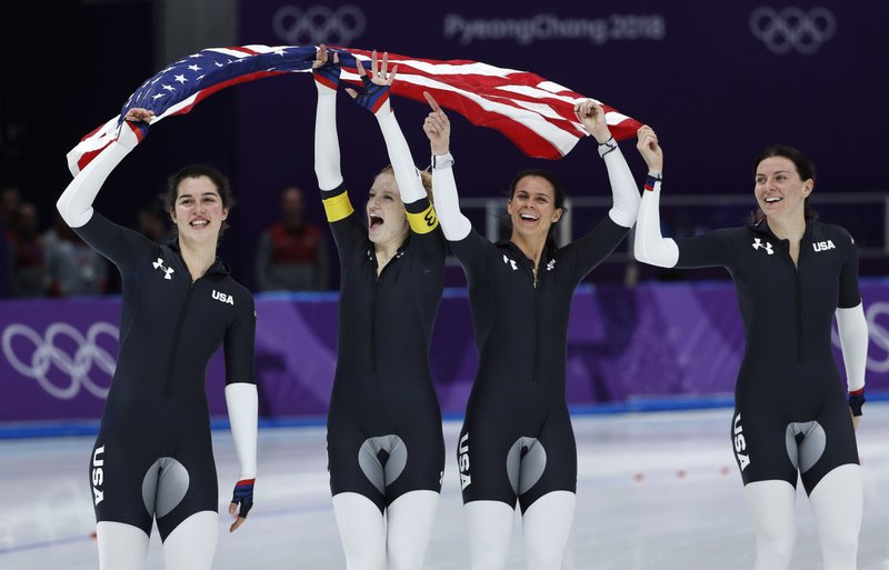 The Associated Press ENDING A DROUGHT: Bronze medalist team U.S.A., consisting of, from left, Heather Bergsma, Brittany Bowe, Mia Manganello and Carlijn Schoutens, celebrates after the women's team pursuit final speedskating race at the Gangneung Oval at the 2018 Winter Olympics in Gangneung, South Korea, Wednesday. The team ended a 16-year medal drought for the U.S. in long-track speedskating dating to the 2002 Salt Lake City Games.