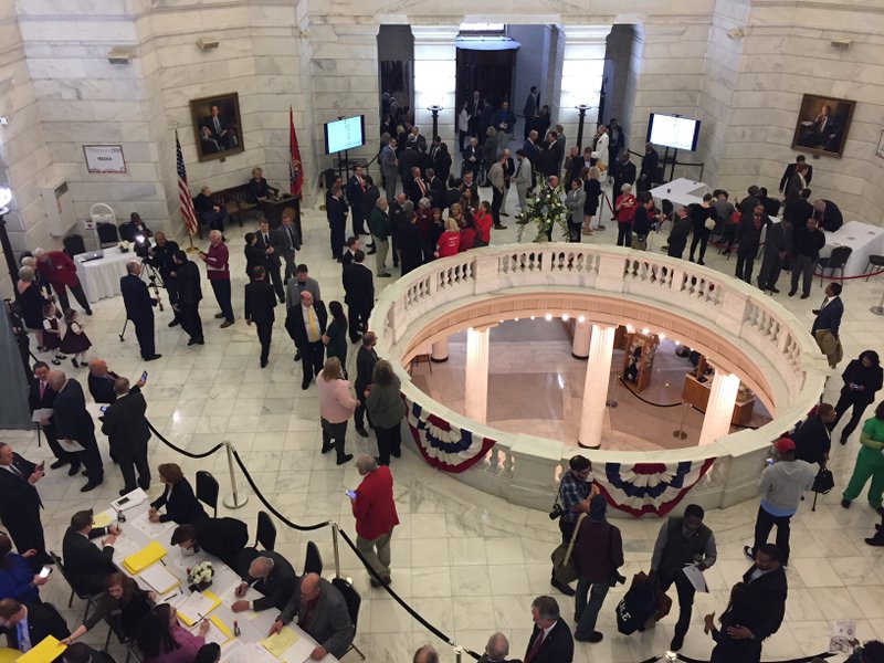 Candidates and supporters gather in the Arkansas Capitol to file for election.