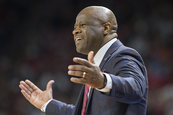 Mike Anderson, Arkansas head coach, reacts to a call in the first half against Texas A&M Saturday, Feb. 17, 2018, during the game at Bud Walton Arena in Fayetteville.