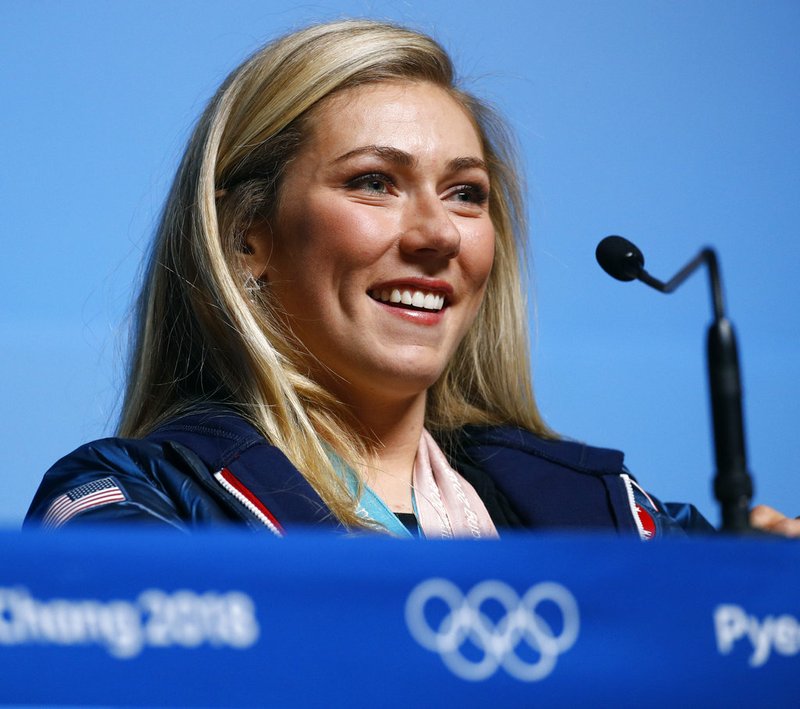 Alpine skier Mikaela Shiffrin, of the United States, talks to the media during a news conference at the 2018 Winter Olympics in Pyeongchang, South Korea, Friday, Feb. 23, 2018. 