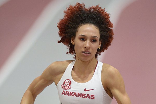 Arkansas' Taliyah Brooks competes in the 4x400-meter relay Saturday, Feb. 10, 2018, during the Tyson Invitational in the Randal Tyson Track Center in Fayetteville.