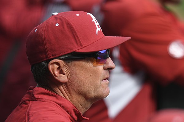 Arkansas coach Dave Van Horn watches from the dugout against Alcorn State Wednesday, March 15, 2017, during the fourth inning at Baum Stadium.