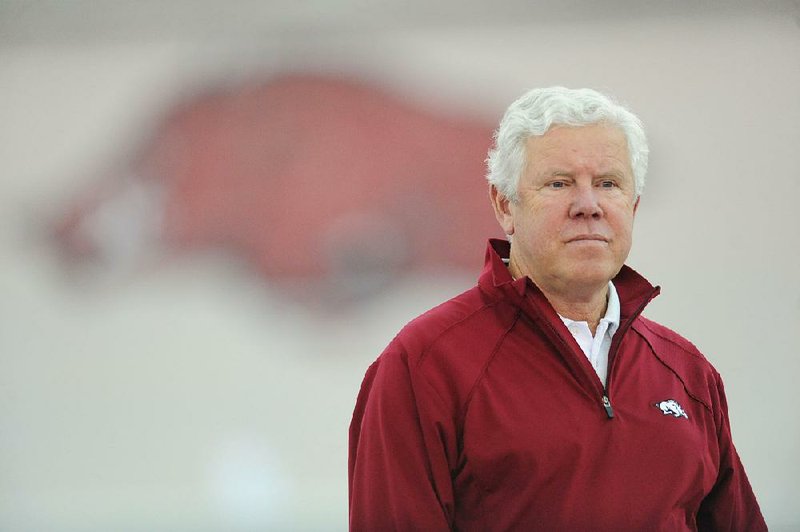  Arkansas women's track and field coach Lance Harter watches during the Arkansas Open Saturday, Feb. 21, 2015, at the Randal Tyson Track Center in Fayetteville.