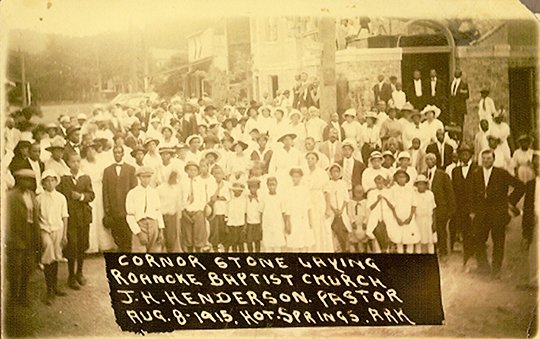 Submitted photo LOOKING BACK: Members of Roanoke Missionary Baptist Church gather to lay the cornerstone for one of the earlier incarnations of the church's building on Aug. 8, 1915, when J.H. Henderson was the pastor. The church is celebrating its 150th anniversary this Sunday at 4 p.m. at the church, now located at 236/238 Whittington Ave. Photo courtesy of the Garland County Historical Society.