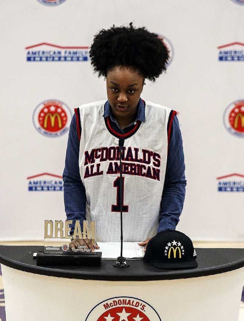 Central Arkansas Christian’s Christyn Williams speaks Friday after receiving her jersey for the McDonald’s High School All-American Game. Williams will play for the West squad in the game which will be played March 28 in Atlanta. 