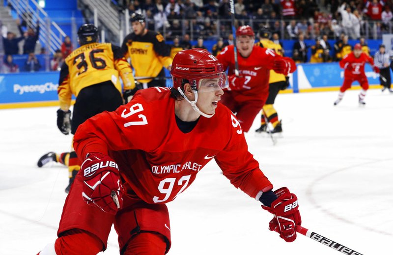 Russian athlete Nikita Gusev (97) reacts after scoring a goal during the third period of the men's gold medal hockey game against Germany at the 2018 Winter Olympics, Sunday, Feb. 25, 2018, in Gangneung, South Korea. 