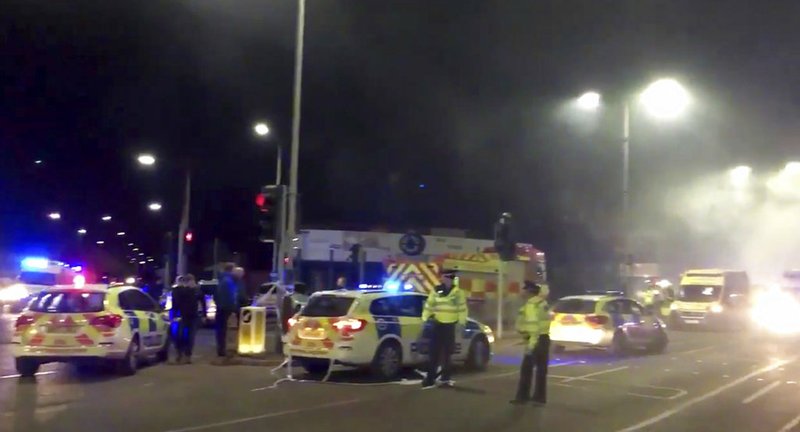 In this image taken from video made available by Gem News, police attend the scene of an incident in Leicester, central England, Sunday Feb. 25, 2018. Police for the English city of Leicester say they are responding to a "major incident" after receiving reports of an explosion and that emergency services were dealing with the incident on Hinckley Road and asked the public to stay away from the area.