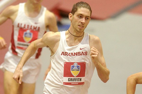 Razorbacks sophomore Cameron Griffith won the 3,000 in 7:54.19 at the men’s SEC Indoor Track and Field Championships in College Station, Texas on Saturday.
