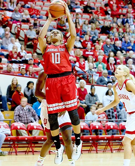 Submitted photo LEOPARD LEGACY: Redshirt junior Akasha Westbrook puts up a shot for Arkansas State during a road game at Indiana earlier this season. Westbrook leads the Red Wolves in scoring and minutes after missing most of last season with an injury.