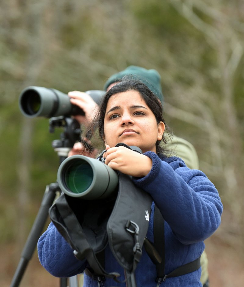 NWA Democrat-Gazette/FLIP PUTTHOFF Pooja Panwar of Fayetteville sees loons through her spotting scope during a visit Jan. 26 2018 to Lake Tenkiller in northeast Oklahoma. The big reservoir attracts flocks of loons and other waterfowl that can be seen during winter and early spring.