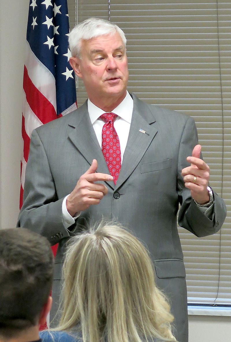 Westside Eagle Observer/RANDY MOLL U.S. Congressman Steve Womack, on Feb. 21, 2018, commended employees of SWEPCO's Flint Creek Power Plant in Gentry for achieving 3 million work hours without a lost-day work-related accident or illness. Womack also shared a few brief insights on the political climate in Washington, D.C.