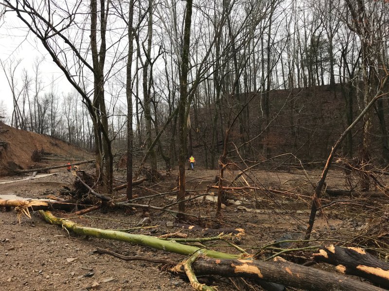 A bank along the Little Red River has collapsed, resulting in a mudslide in a residential area.
