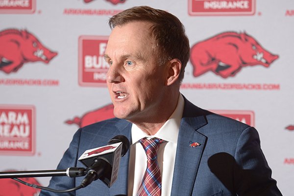 Arkansas coach Chad Morris speaks Wednesday, Feb. 7, 2018, with members of the media in the Fred W. Smith Football Center on the university campus in Fayetteville.