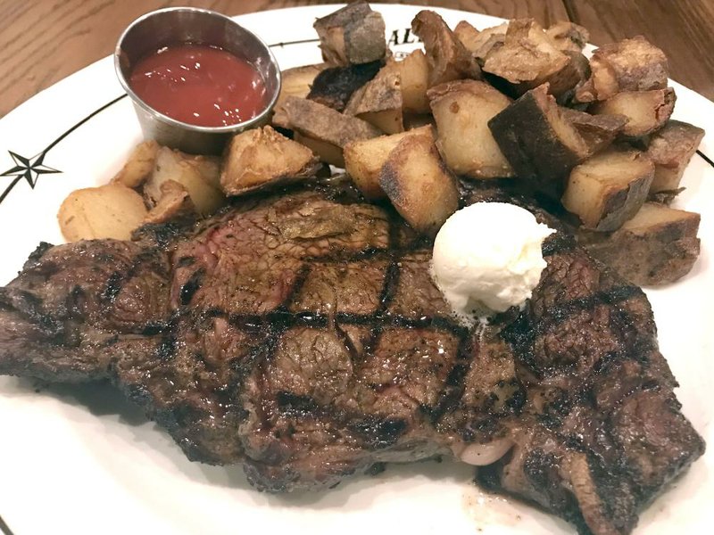 Pat’s Ribeye comes in two sizes, 12 and 16 ounces (pictured), at Saltgrass Steak House in Little Rock. 