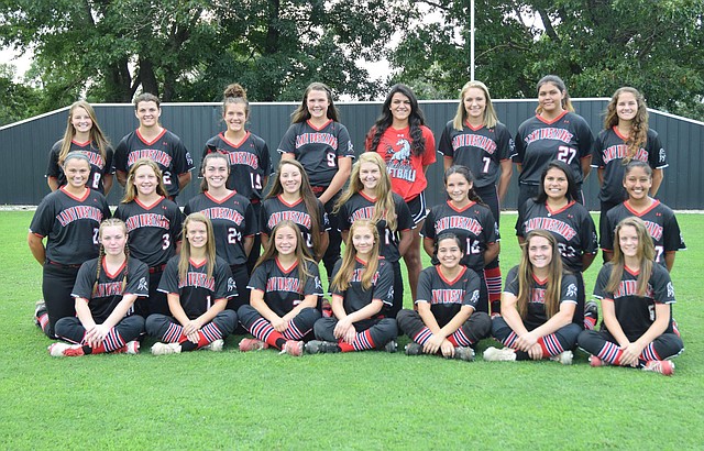 RICK PECK/SPECIAL TO MCDONALD COUNTY PRESS The McDonald County High School Lady Mustang softball team was named academic all-state by MSHSAA with the fourth best GPA out of 90 teams in Missouri Class 4. Team members include Caitlyn Hall (front, left), Chloe Colvin, Kristen Cornell, Emily Emmert, Miryan Martinez, Whitney Kinser, Madison Colvin, Jaylie Sanny (middle, left), Katie Kester, Jackie Grider, Kaylee Cornell, Kylie Helm, Deorica Zamora, Yzabelle Delacruz, Rita Santillan, Cloee Helm (back, left), Kaylee Eberley, Alison Nicoletti, Alexa Hopkins, Bekah Hitt (manager), Kenzie Stephens, Lilli Ramirez and Leslie Yousey.
