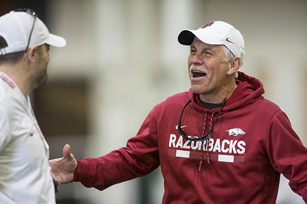Arkansas defensive line coach Steve Caldwell during practice Thursday, March 1, 2018, in Fayetteville. 