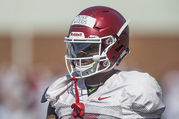 Mike Woods, Arkansas wide receiver, Saturday, March 3, 2018, during Arkansas football spring practice at the Fred W. Smith Football Center in Fayetteville.